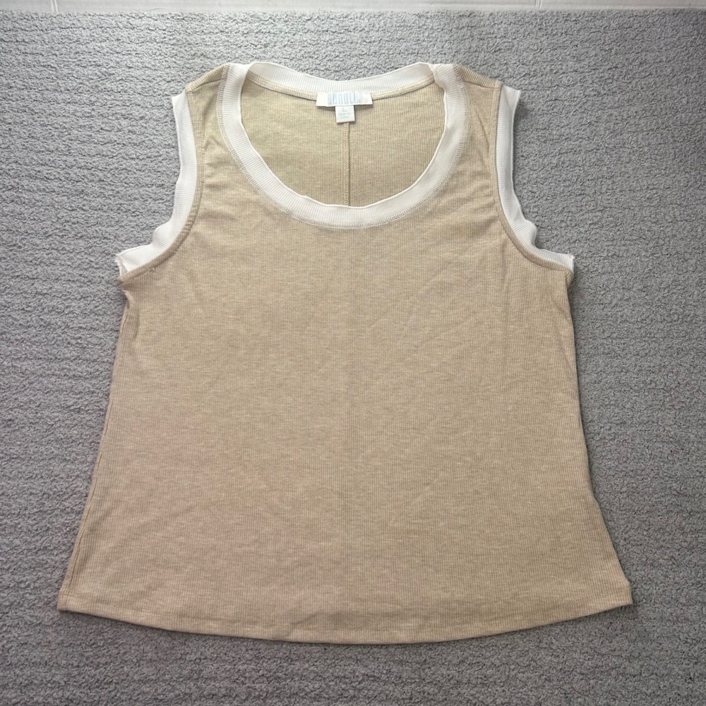 Bunulu Tank Top Ribbed Scoop Neck Tan White Large Coastal Minimalist Basic Chic